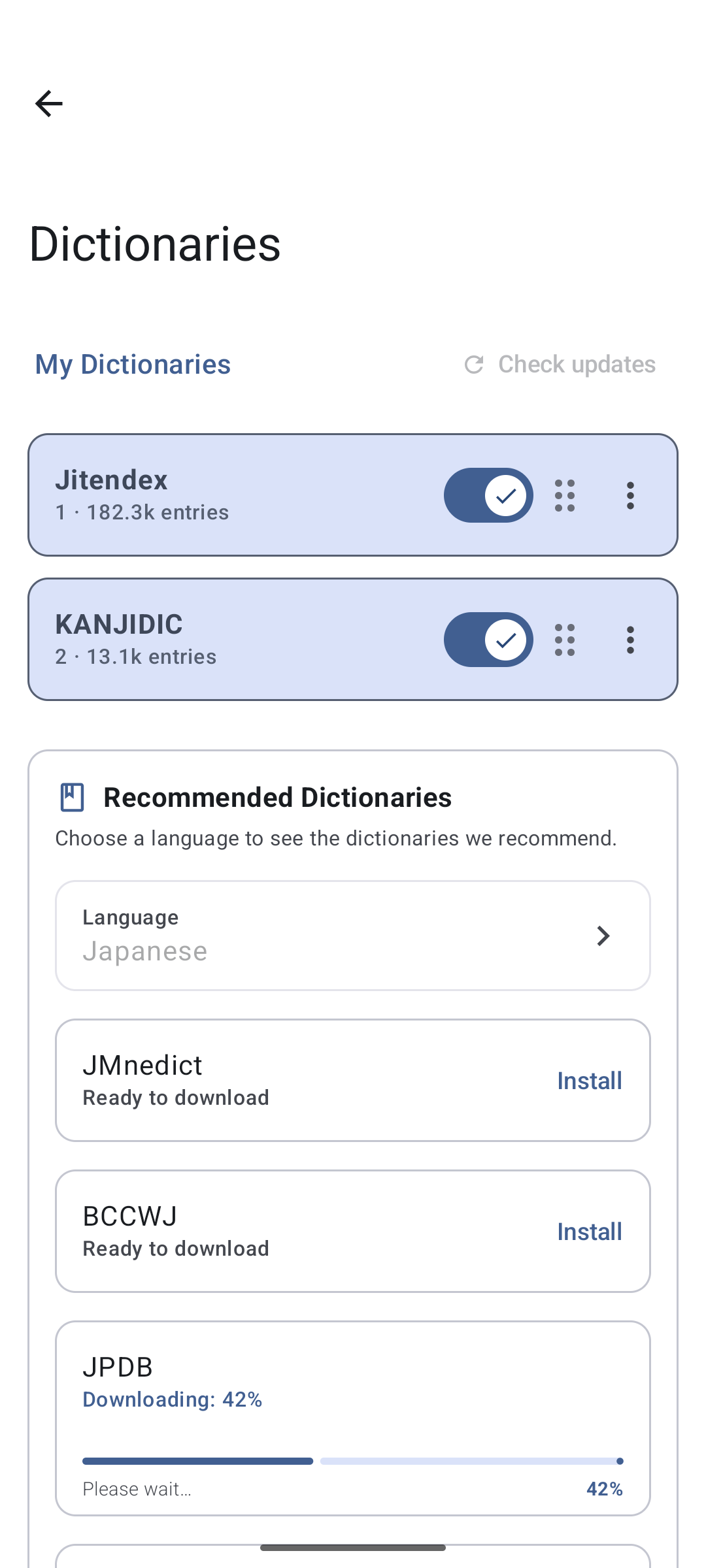 PopLingo dictionary download and management screen